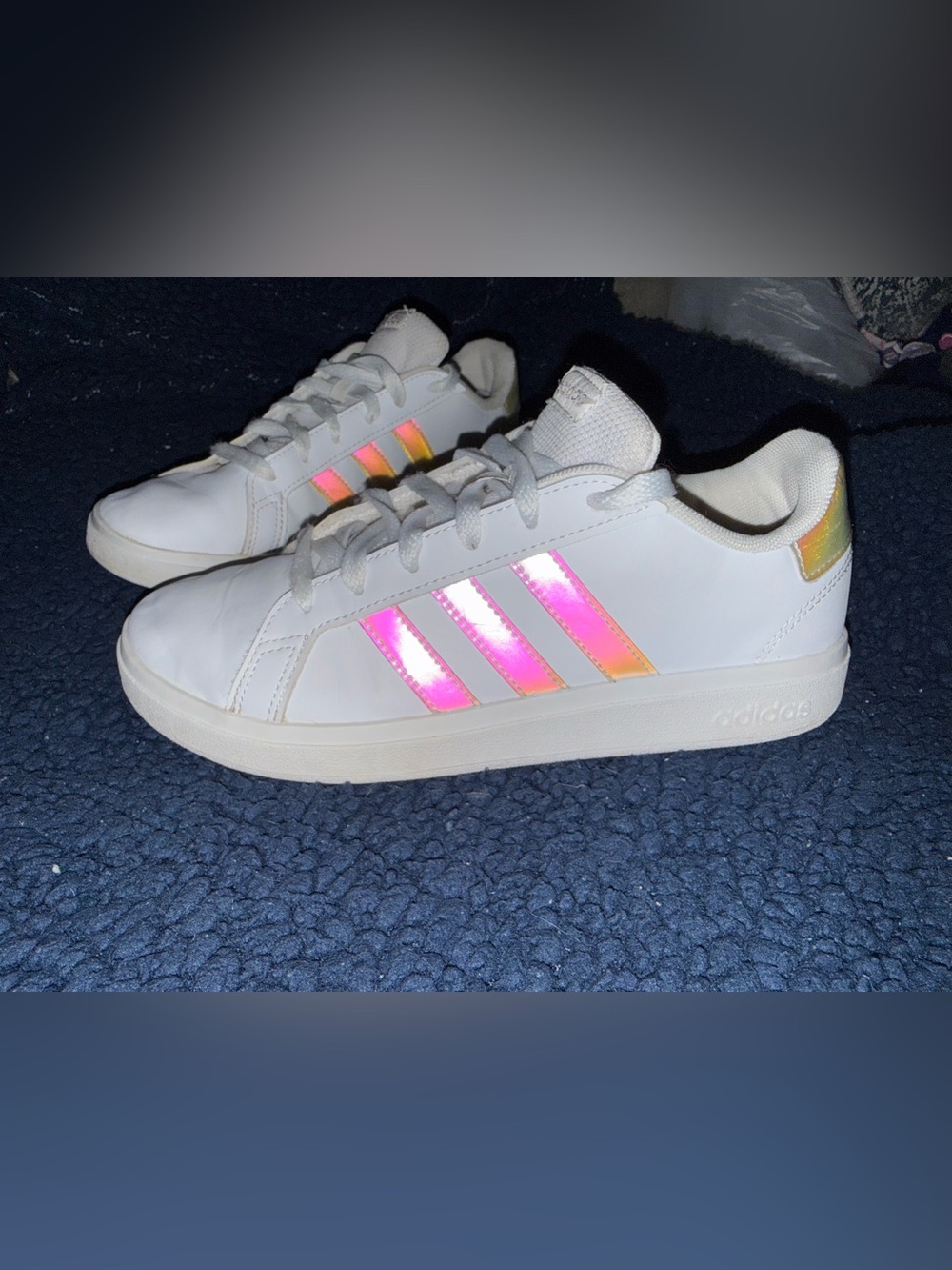 Adidas girls size 5. White Sneakers with Iridescent Pink Stripes